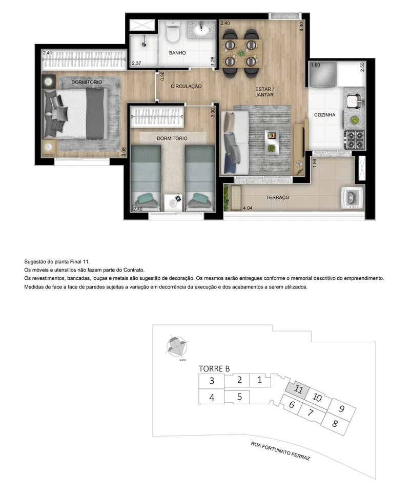 Planta de 47 m², 2 dormitórios do Elo Duo