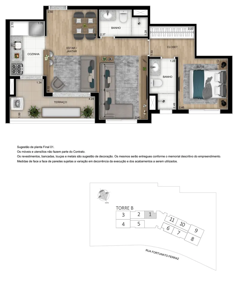 Planta de 55 m², 2 dormitórios com suíte do Elo Duo