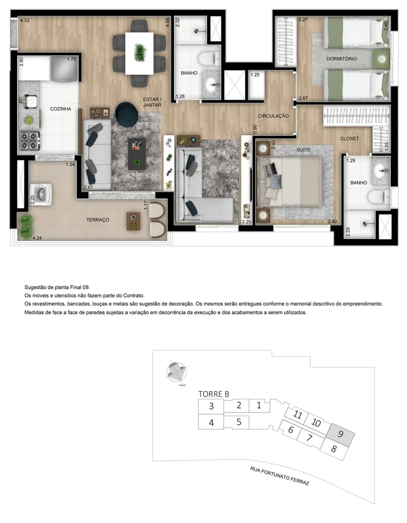 Planta de 67 a 68 m², 3 dormitórios do Elo Duo