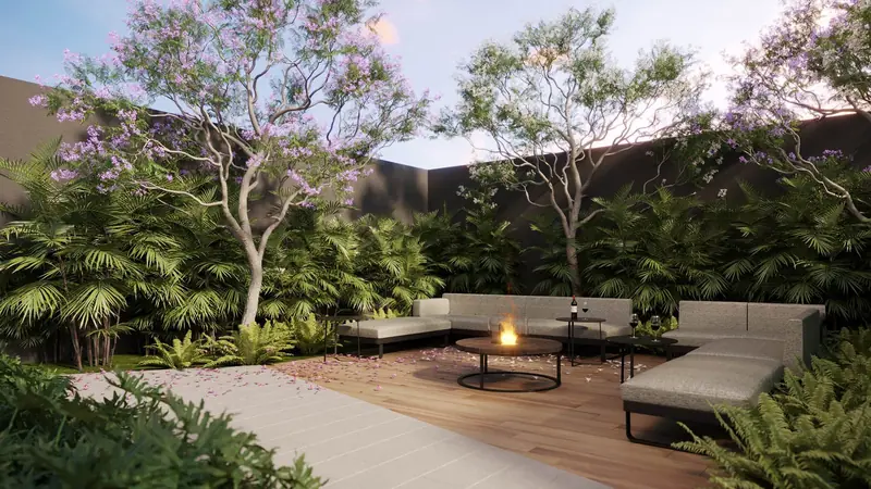 Lounge externo com lareira do Elo Duo, Elo Duo, em imagem ilustrativa