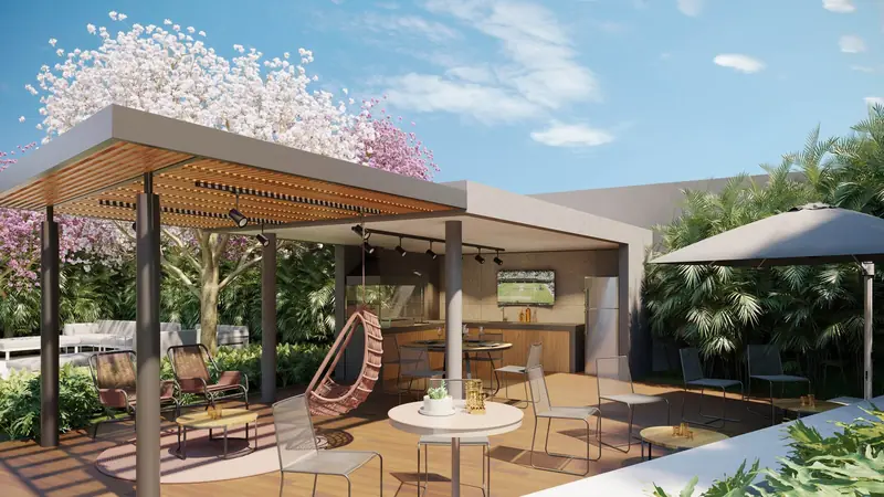 Espaço gourmet externo com pergolado e rede, Elo Duo, em imagem ilustrativa
