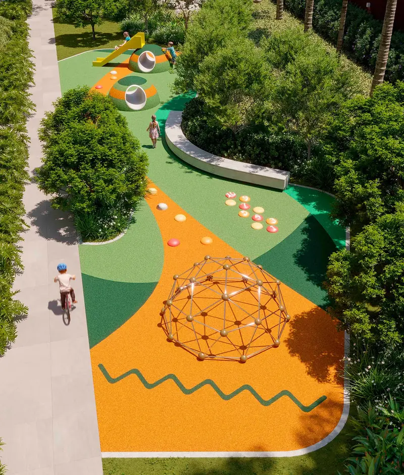 Playground e área de convivência vistos de cima, Garden Design, em imagem ilustrativa