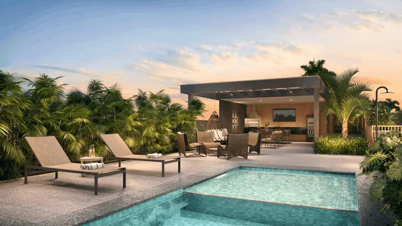 Deck da piscina com espaço gourmet coberto, Nova Vivere, em imagem ilustrativa
