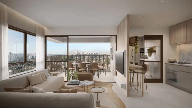 Sala com varanda integrada em apartamento decorado, Nova Vivere, em imagem ilustrativa