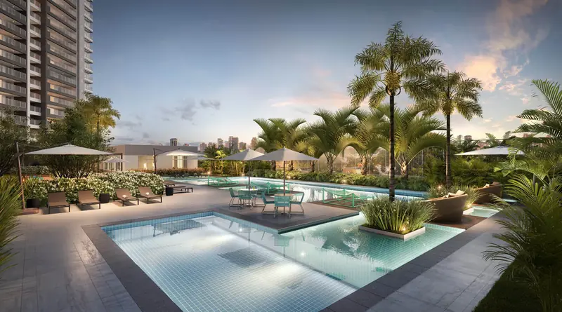 Piscina externa com deck e paisagismo, Reserva, em imagem ilustrativa