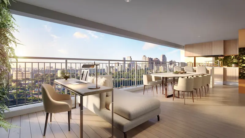 Varanda com vista da cidade e espaço de trabalho, Reserva, em imagem ilustrativa