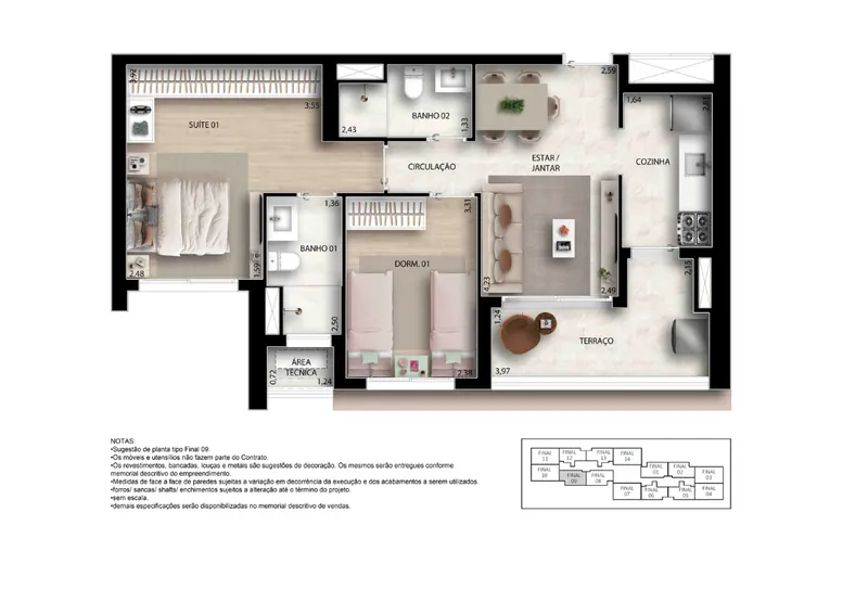 Planta de 2 dormitórios, com suíte do Garden Design Private Park Residence