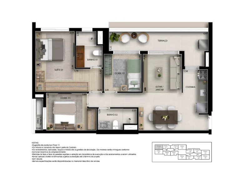 Planta de 78 m², 3 dormitórios do Garden Design Private Park Residence