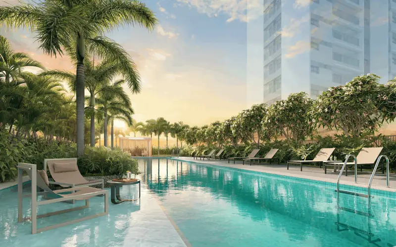 Piscina com raia e paisagismo, Nova Vivere, em imagem ilustrativa